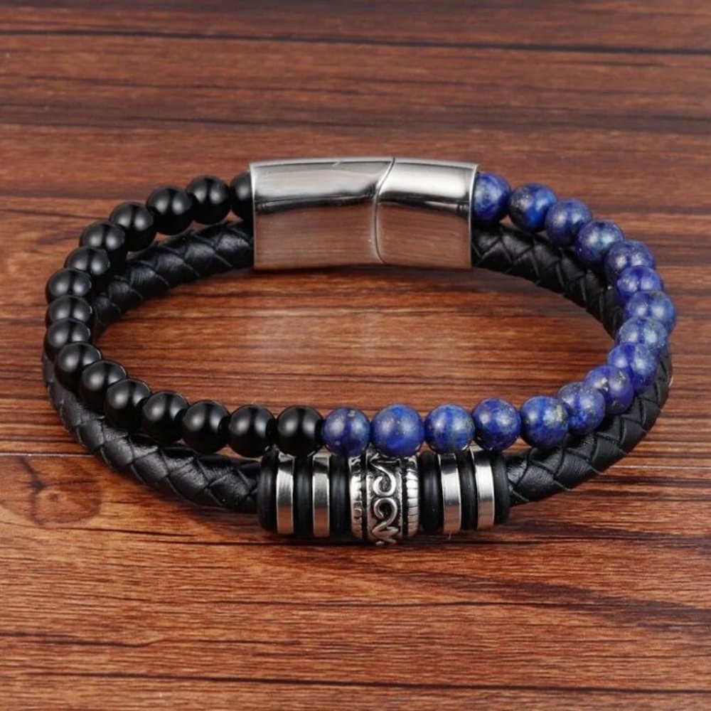 Natural Black Obsidian Lapis Lazuli Leather Braided Bracelet